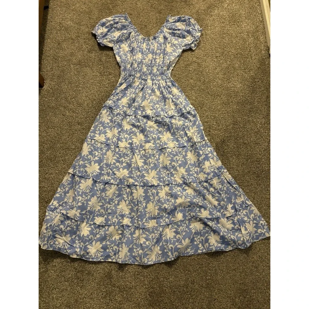 Pink City Prints Puff Sleeve Blue Floral Maxi Dress Smocked‎ Size Large